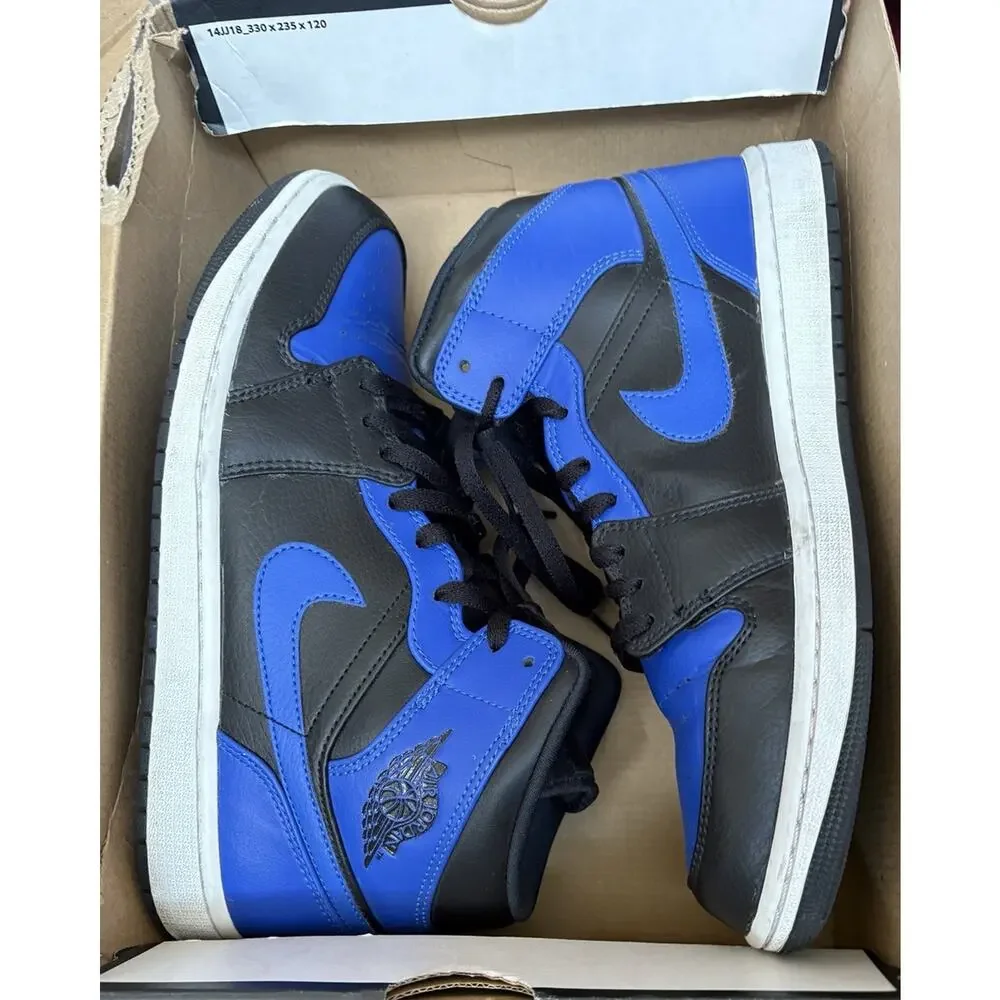 Nike Air Jordan 1 Mid Black Royal Tumbled Leather Mens 10 Shoes 554724-077 Box